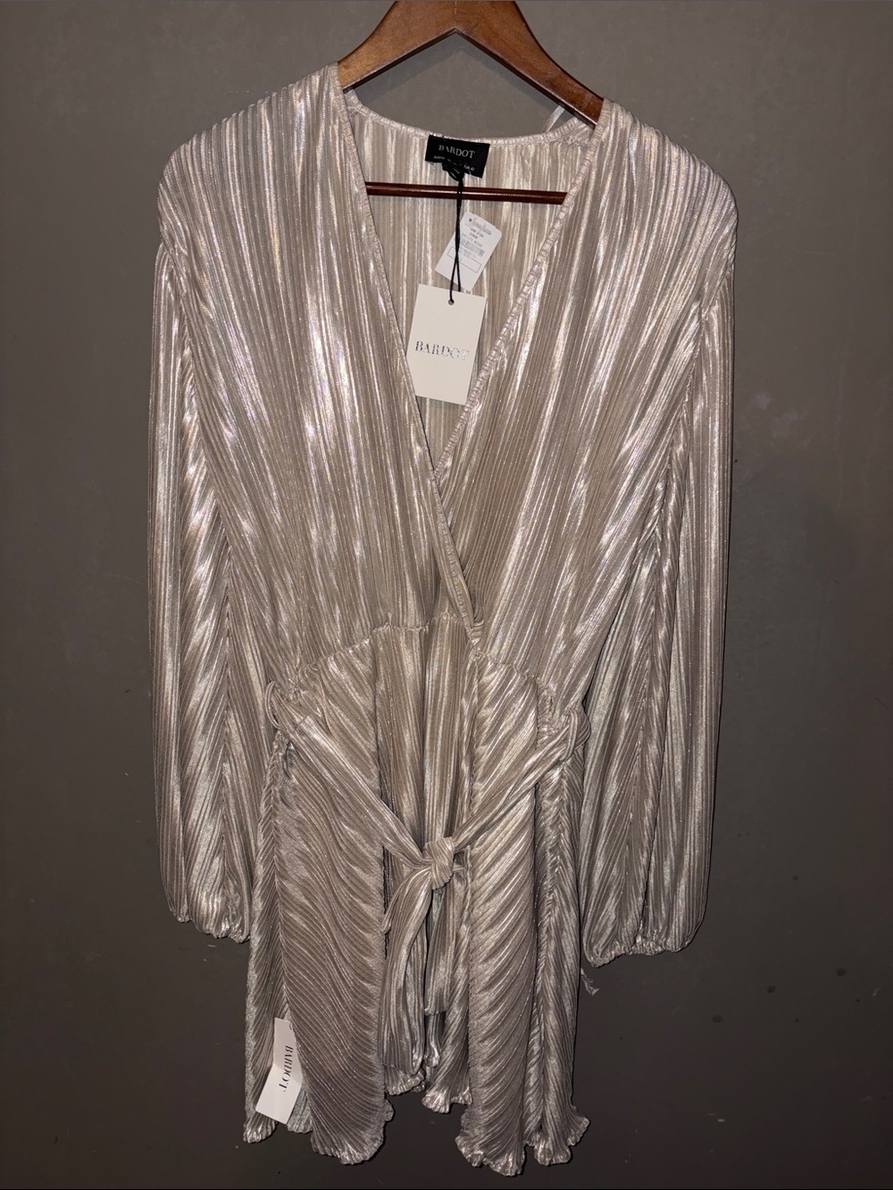 Bardot Metallic Pleated Wrap dress in Light Champagne